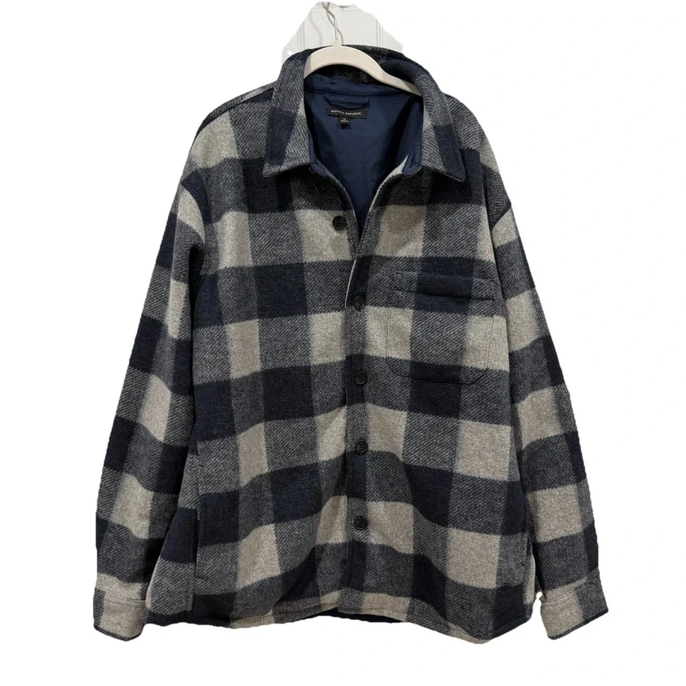 Banana Republic Mens Shirt Jacket Heritage‎ Blue White Plaid Polyester Size XL